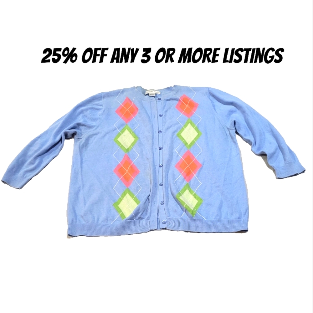 Colorful Argyle Cardigan Size XL Vintage Sweater Button Up Down 3/4 Long Sleeve